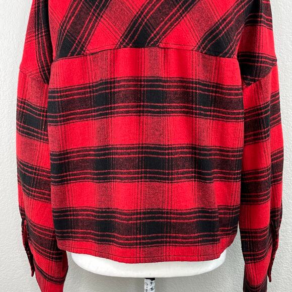 Ci Sono Red Black Plaid Flannel Button Front Long Sleeve Crop Shirt Shacket XL - Picture 9 of 10